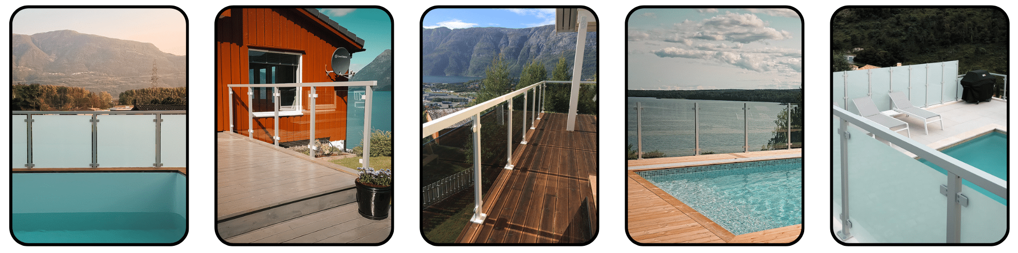 Montage med fem Alu Classic-rækværk i hvid og sølv monteret ved terrasser og pools i naturskønne omgivelser.