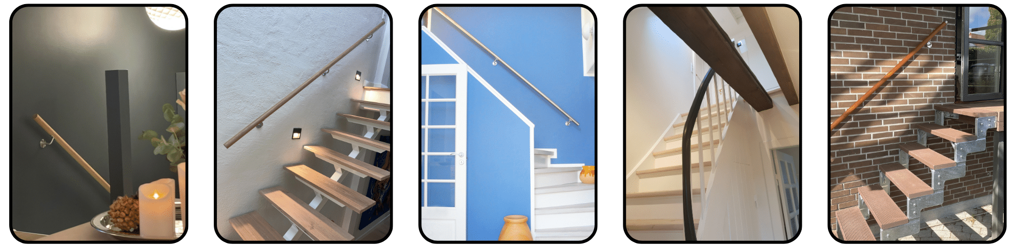 Fem miljøbilleder med håndlister i træ og metal monteret både indendørs og udendørs på forskellige trapper.