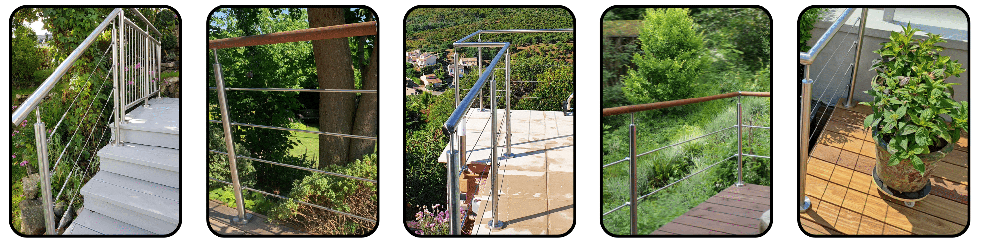Kollage med fem vajerräcken i rostfritt stål, installerade vid trappor, altaner och balkonger med olika typer av handledare.