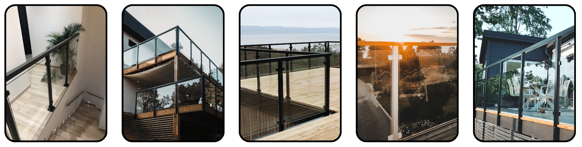 Montage med fem Alu Classic-gelændere i sort og hvid, bundmonteret på terrasser, altaner og trapper med glasfelter.
