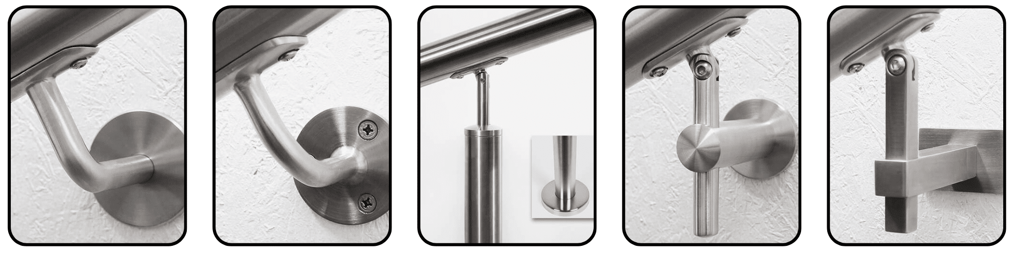 Nærbilleder af fem typer vægbeslag i rustfrit stål til håndlister i træ eller metal, vist mod hvid væg.