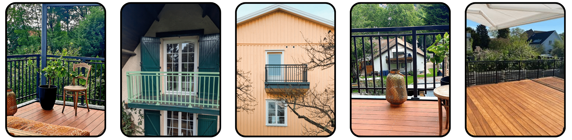 Fem billeder af smedejernsgelændere i sort og grøn monteret som rækværk på altan, terrasse og udestue i varierede omgivelser.