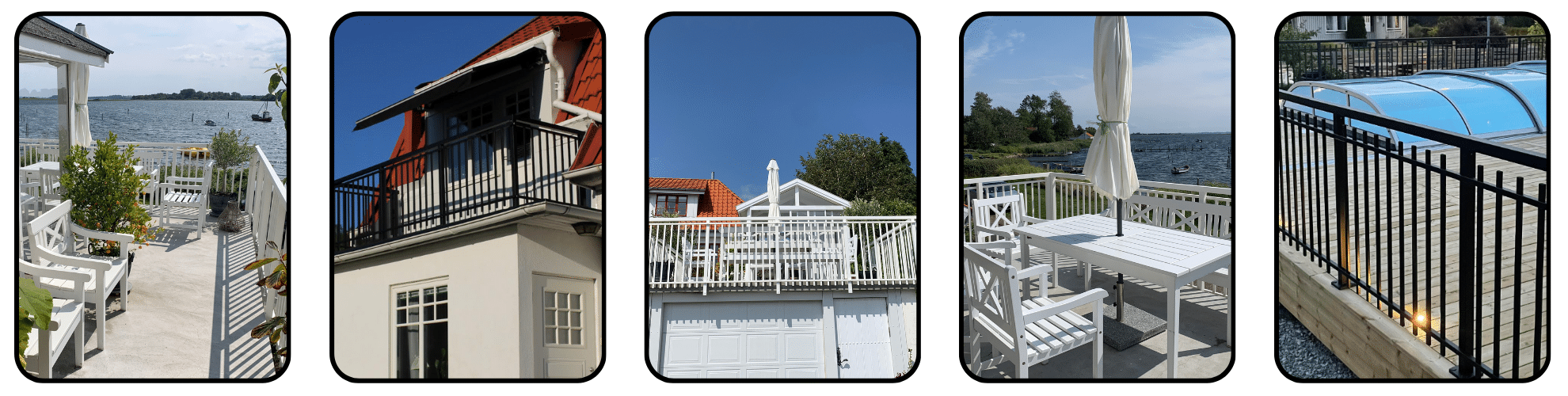 Fem billeder, der viser hvide og sorte smedejernsgelændere i klassisk stil monteret ved terrasser, altaner og poolområder med udsigt over hav eller have.