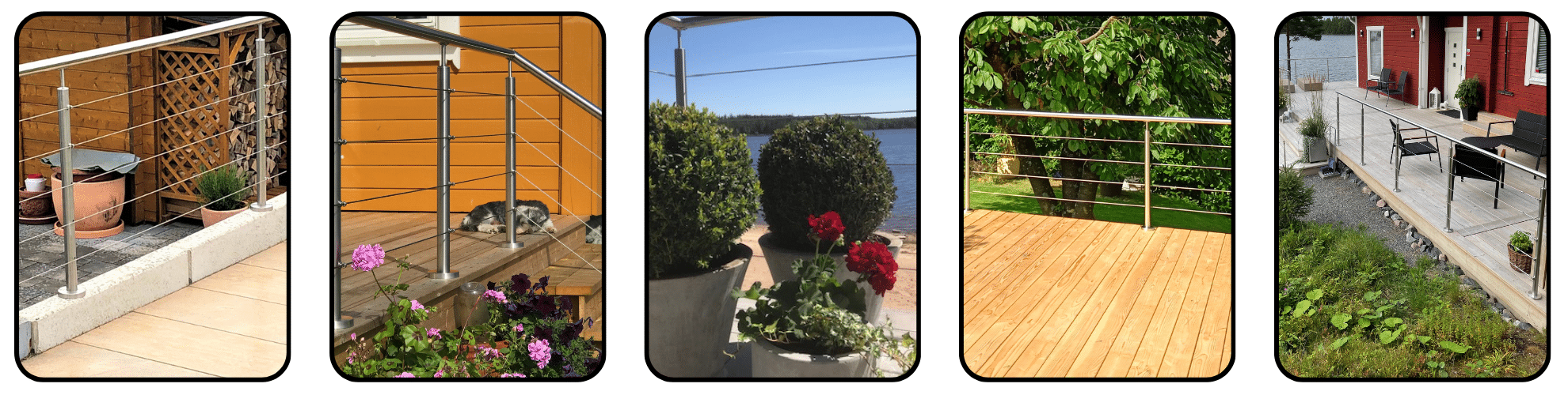 Kollage med fem exempel på vajerräcken i rostfritt stål, monterade vid altaner, trappor och uteplatser i olika trädgårdsmiljöer.